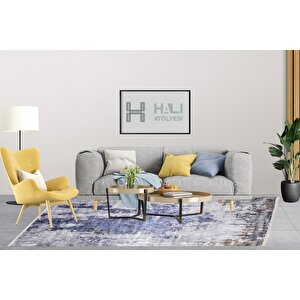 Modern Gri Mavi Desen Dijital Baskı Yıkanabilir Hipoalerjenik Kaymaz Taban Halı Yolluk