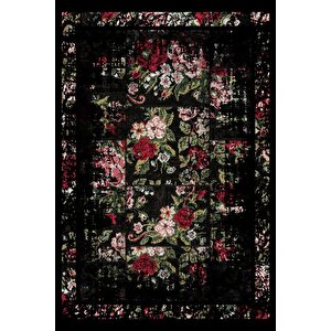 Klasik Siyah Salon&oturma Odası Yolluk&yatak Odası Dijital Baskılı Makinede Yıkanabilir Kaymaz Taban Saçaklı Halı Hk004 100x500 cm