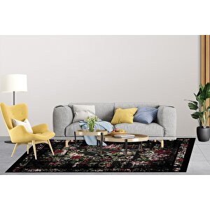 Klasik Siyah Salon&oturma Odası Yolluk&yatak Odası Dijital Baskılı Makinede Yıkanabilir Kaymaz Taban Saçaklı Halı Hk004 100x500 cm