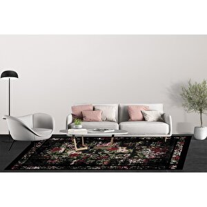 Klasik Siyah Salon&oturma Odası Yolluk&yatak Odası Dijital Baskılı Makinede Yıkanabilir Kaymaz Taban Saçaklı Halı Hk004