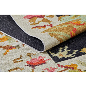 Klasik Bej Çiçekli Salon&oturma Odası Yolluk&yatak Odası Dijital Baskılı Makinede Yıkanabilir Kaymaz Taban Saçaklı Halı Hk095 180x280 cm