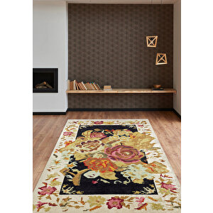 Klasik Bej Çiçekli Salon&oturma Odası Yolluk&yatak Odası Dijital Baskılı Makinede Yıkanabilir Kaymaz Taban Saçaklı Halı Hk095 200x300 cm