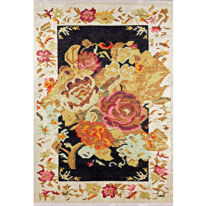 Klasik Bej Çiçekli Salon&oturma Odası Yolluk&yatak Odası Dijital Baskılı Makinede Yıkanabilir Kaymaz Taban Saçaklı Halı Hk095 80x500 cm
