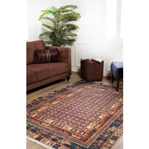 Klasik Lacivert Kahve Salon&yolluk Dijital Baskılı Makinede Yıkanabilir Kaymaz Taban Saçaklı Halı Hk055 80x150 cm
