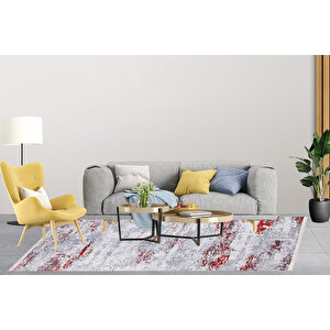 Modern Gri Kırmızı Desen Dijital Baskı Hipoalerjenik Kaymaz Taban Halı Yolluk 100x500 cm