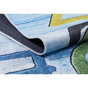 Çocuk Halısı Ve Bebek Halısı Yıkanabilir Kaymaz Taban Figürlü Mavi Dijital Baskı Halı Hc059 100x200 cm