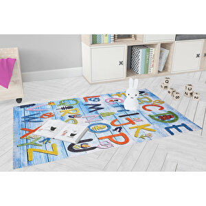Çocuk Halısı Ve Bebek Halısı Yıkanabilir Kaymaz Taban Figürlü Mavi Dijital Baskı Halı Hc059