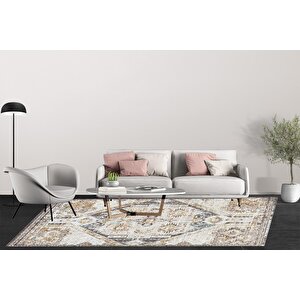 Klasik Kahve Krem Salon&oturma Odası Yolluk&yatak Odası Dijital Baskılı Makinede Yıkanabilir Kaymaz Taban Saçaklı Halı Hk017 120x180 cm