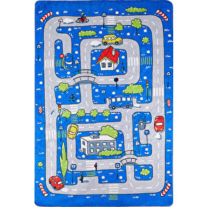Çocuk Halısı Ve Bebek Halısı Yıkanabilir Kaymaz Taban Figürlü Mavi Dijital Baskı Halı Hc057   80x300 cm