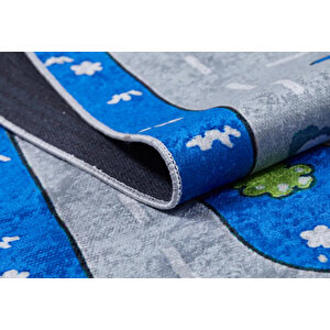 Çocuk Halısı Ve Bebek Halısı Yıkanabilir Kaymaz Taban Figürlü Mavi Dijital Baskı Halı Hc057   80x300 cm
