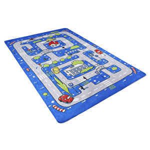Çocuk Halısı Ve Bebek Halısı Yıkanabilir Kaymaz Taban Figürlü Mavi Dijital Baskı Halı Hc057   80x300 cm
