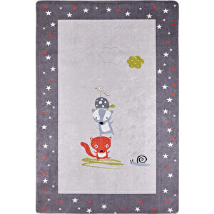 Çocuk Halısı Ve Bebek Halısı Yıkanabilir Kaymaz Taban Figürlü Gri Dijital Baskı Halı Hc052   100x500 cm
