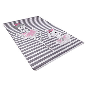 Çocuk Halısı Ve Bebek Halısı Yıkanabilir Kaymaz Taban Figürlü Gri Pembe Dijital Baskı Halı Hc035 80x500 cm