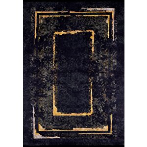 Modern Siyah Altın Çerçeve Dijital Baskı Yıkanabilir Hipoalerjenik Kaymaz Taban Halı Yolluk 120x180 cm