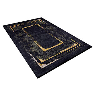 Modern Siyah Altın Çerçeve Dijital Baskı Yıkanabilir Hipoalerjenik Kaymaz Taban Halı Yolluk 120x180 cm