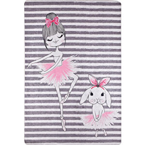 Çocuk Halısı Ve Bebek Halısı Yıkanabilir Kaymaz Taban Figürlü Gri Pembe Dijital Baskı Halı Hc035 80x300 cm