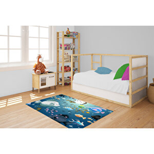 Çocuk Halısı Ve Bebek Halısı Yıkanabilir Kaymaz Taban Figürlü Mavi Dijital Baskı Halı hc080 160x300 cm
