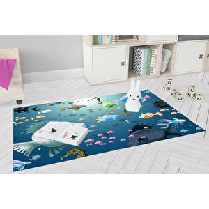 Çocuk Halısı Ve Bebek Halısı Yıkanabilir Kaymaz Taban Figürlü Mavi Dijital Baskı Halı hc080 160x300 cm