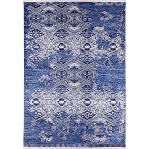 Klasik Mavi Salon&oturma Odası Yolluk&yatak Odası Dijital Baskılı Makinede Yıkanabilir Kaymaz Taban Saçaklı Halı Hk064 100x500 cm