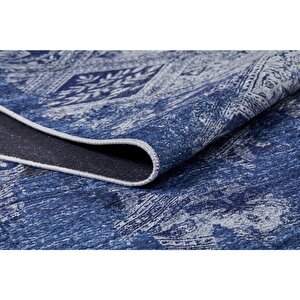 Klasik Mavi Salon&oturma Odası Yolluk&yatak Odası Dijital Baskılı Makinede Yıkanabilir Kaymaz Taban Saçaklı Halı Hk064 100x500 cm