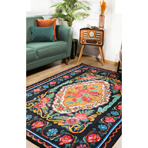 Klasik Siyah Salon&oturma Odası Yolluk&yatak Odası Dijital Baskılı Makinede Yıkanabilir Kaymaz Taban Saçaklı Halı Hk052 80x400 cm