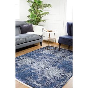 Klasik Mavi Salon&oturma Odası Yolluk&yatak Odası Dijital Baskılı Makinede Yıkanabilir Kaymaz Taban Saçaklı Halı Hk064 80x400 cm