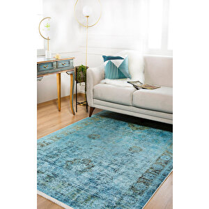 Klasik Mavi Salon&oturma Odası Yolluk&yatak Odası Dijital Baskılı Makinede Yıkanabilir Kaymaz Taban Saçaklı Halı Hk058 80x150 cm