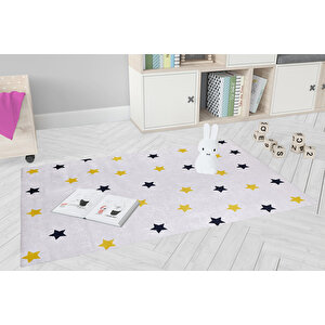 Çocuk Halısı Ve Bebek Halısı Yıkanabilir Kaymaz Taban Gri Sarı Desen Dijital Baskı Halı Hc013