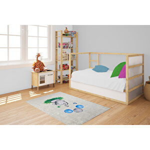 Çocuk Halısı Ve Bebek Halısı Yıkanabilir Kaymaz Taban Figürlü Gri Dijital Baskı Halı Hc025