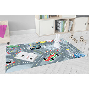 Çocuk Halısı Ve Bebek Halısı Yıkanabilir Kaymaz Taban Figürlü Gri Dijital Baskı Halı Hc082   120x180 cm