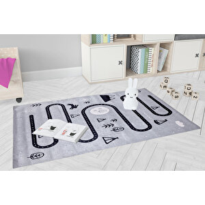 Çocuk Halısı Ve Bebek Halısı Yıkanabilir Kaymaz Taban Figürlü Gri Dijital Baskı Halı hc032