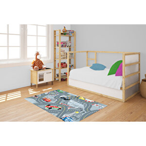 Çocuk Halısı Ve Bebek Halısı Yıkanabilir Kaymaz Taban Figürlü Gri Dijital Baskı Halı Hc082   80x200 cm