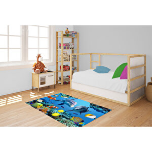 Çocuk Halısı Ve Bebek Halısı Yıkanabilir Kaymaz Taban Figürlü Mavi Dijital Baskı Halı Hc076  80x300 cm