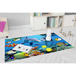 Çocuk Halısı Ve Bebek Halısı Yıkanabilir Kaymaz Taban Figürlü Mavi Dijital Baskı Halı Hc076  80x300 cm