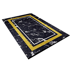 Modern Siyah Altın Çerçeve Dijital Baskı Hipoalerjenik Kaymaz Taban Halı Yolluk Ha128 80x300 cm