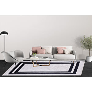 Modern Gri Siyah Çerçeveli Dijital Baskı Hipoalerjenik Kaymaz Taban Halı Yolluk Ha107