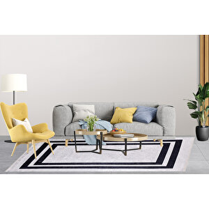 Modern Gri Siyah Çerçeveli Dijital Baskı Hipoalerjenik Kaymaz Taban Halı Yolluk Ha107