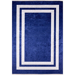 Modern Lacivert Çerçeveli Dijital Baskı Hipoalerjenik Kaymaz Taban Halı Yolluk Ha197 100x300 cm
