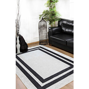 Modern Gri Siyah Çerçeveli Dijital Baskı Hipoalerjenik Kaymaz Taban Halı Yolluk Ha107