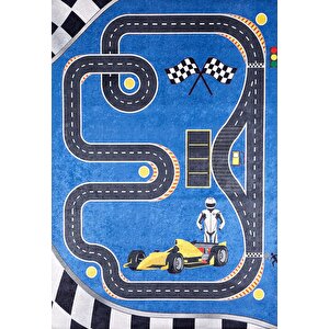 Çocuk Halısı Ve Bebek Halısı Yıkanabilir Kaymaz Taban Araba Desenli Mavi Dijital Baskı Halı hc020 100x400 cm