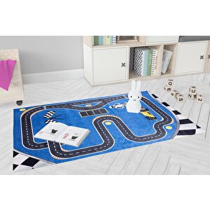 Çocuk Halısı Ve Bebek Halısı Yıkanabilir Kaymaz Taban Araba Desenli Mavi Dijital Baskı Halı hc020