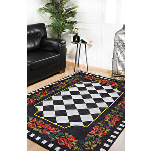 Klasik Siyah Salon&oturma Odası Yolluk&yatak Odası Dijital Baskılı Makinede Yıkanabilir Kaymaz Taban Saçaklı Halı Hk097 120x180 cm
