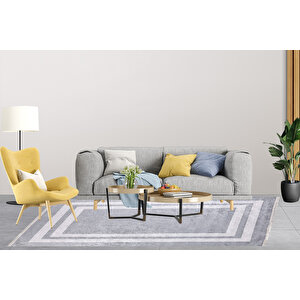 Modern Gri Çerçeveli Dijital Baskı Hipoalerjenik Kaymaz Taban Halı Yolluk Ha134