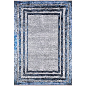 Modern Gri Lacivert Çerçeve Dijital Baskı Hipoalerjenik Kaymaz Taban Halı Yolluk Ha204 100x500 cm