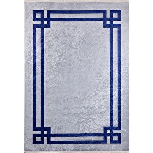 Modern Gri Lacivert Çerçeveli Dijital Baskı Hipoalerjenik Kaymaz Taban Halı Yolluk Ha097 80x300 cm