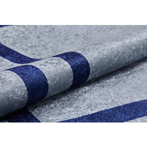 Modern Gri Lacivert Çerçeveli Dijital Baskı Hipoalerjenik Kaymaz Taban Halı Yolluk Ha097 80x300 cm