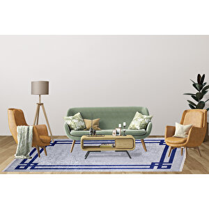 Modern Gri Lacivert Çerçeveli Dijital Baskı Hipoalerjenik Kaymaz Taban Halı Yolluk Ha097