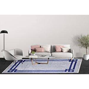 Modern Gri Lacivert Çerçeveli Dijital Baskı Hipoalerjenik Kaymaz Taban Halı Yolluk Ha097