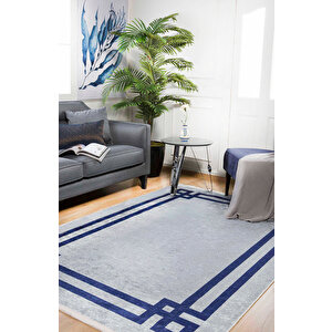 Modern Gri Lacivert Çerçeveli Dijital Baskı Hipoalerjenik Kaymaz Taban Halı Yolluk Ha097