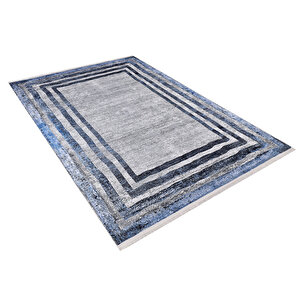 Modern Gri Lacivert Çerçeve Dijital Baskı Hipoalerjenik Kaymaz Taban Halı Yolluk Ha204 80x300 cm